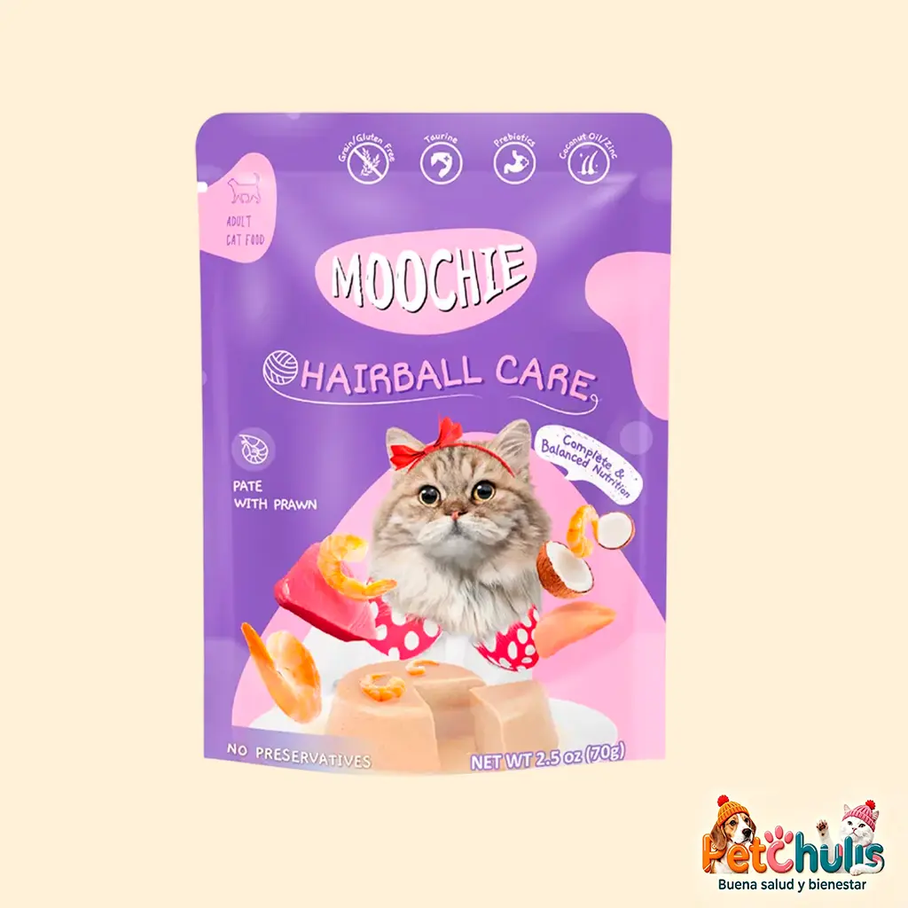 Moochie Hairball Care Paté con Camarón para Gatos Adultos 70g